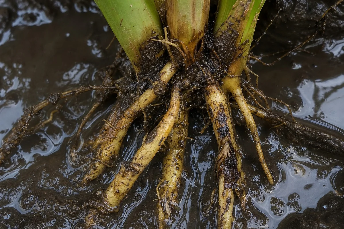 Asfixia radicular por exceso de agua en cultivo Raíces de plantas dañadas por encharcamiento y exceso de humedad en el suelo