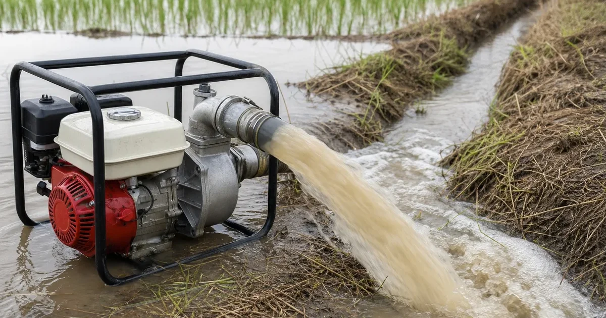 Motobomba de drenaje instalada en campo agrícola inundado extrayendo agua con manguera