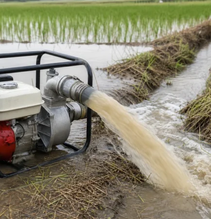 Motobomba de drenaje instalada en campo agrícola inundado extrayendo agua con manguera