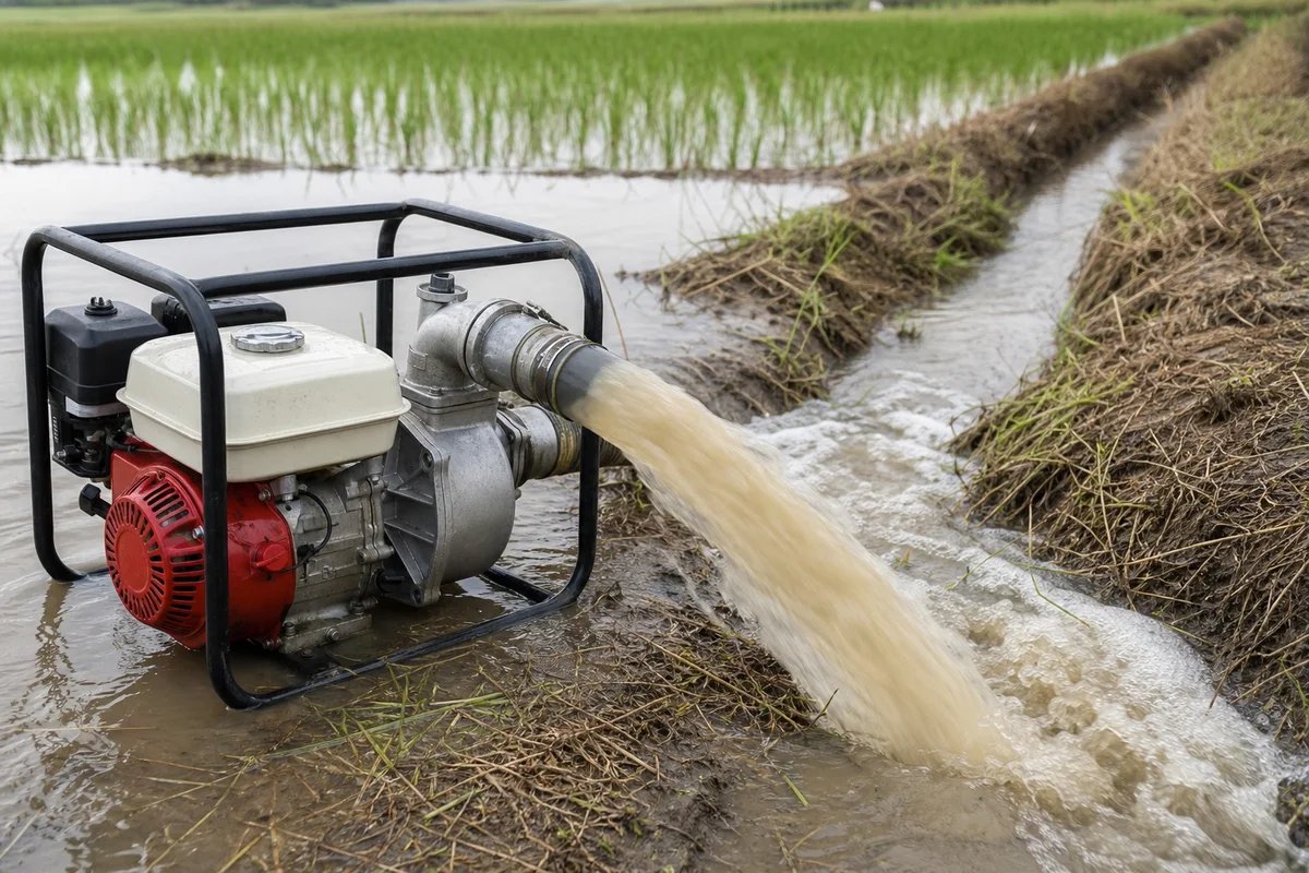 Bomba de drenaje agrícola extrayendo agua de campo inundado Motobomba de drenaje instalada en campo agrícola inundado extrayendo agua con manguera