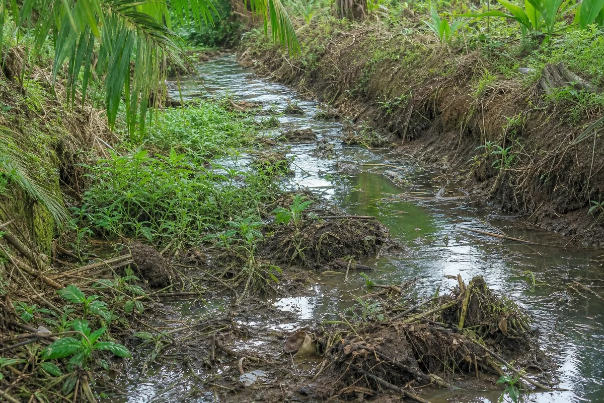Canal de drenaje agrícola obstruido por sedimentos y vegetación Canal de drenaje agrícola bloqueado con vegetación y acumulación de sedimentos