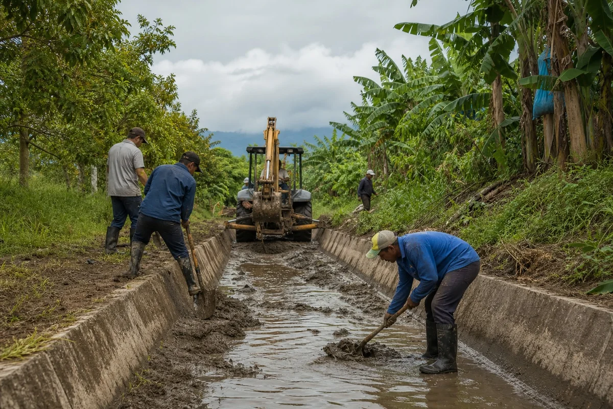 Trabajadores realizando limpieza y desazolve de un canal de drenaje agrícola en Ecuador antes de la temporada lluviosa