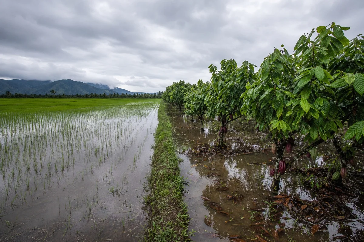 Campos de arroz inundados y plantaciones de cacao en Ecuador ante el riesgo de inundación por el Fenómeno de El Niño