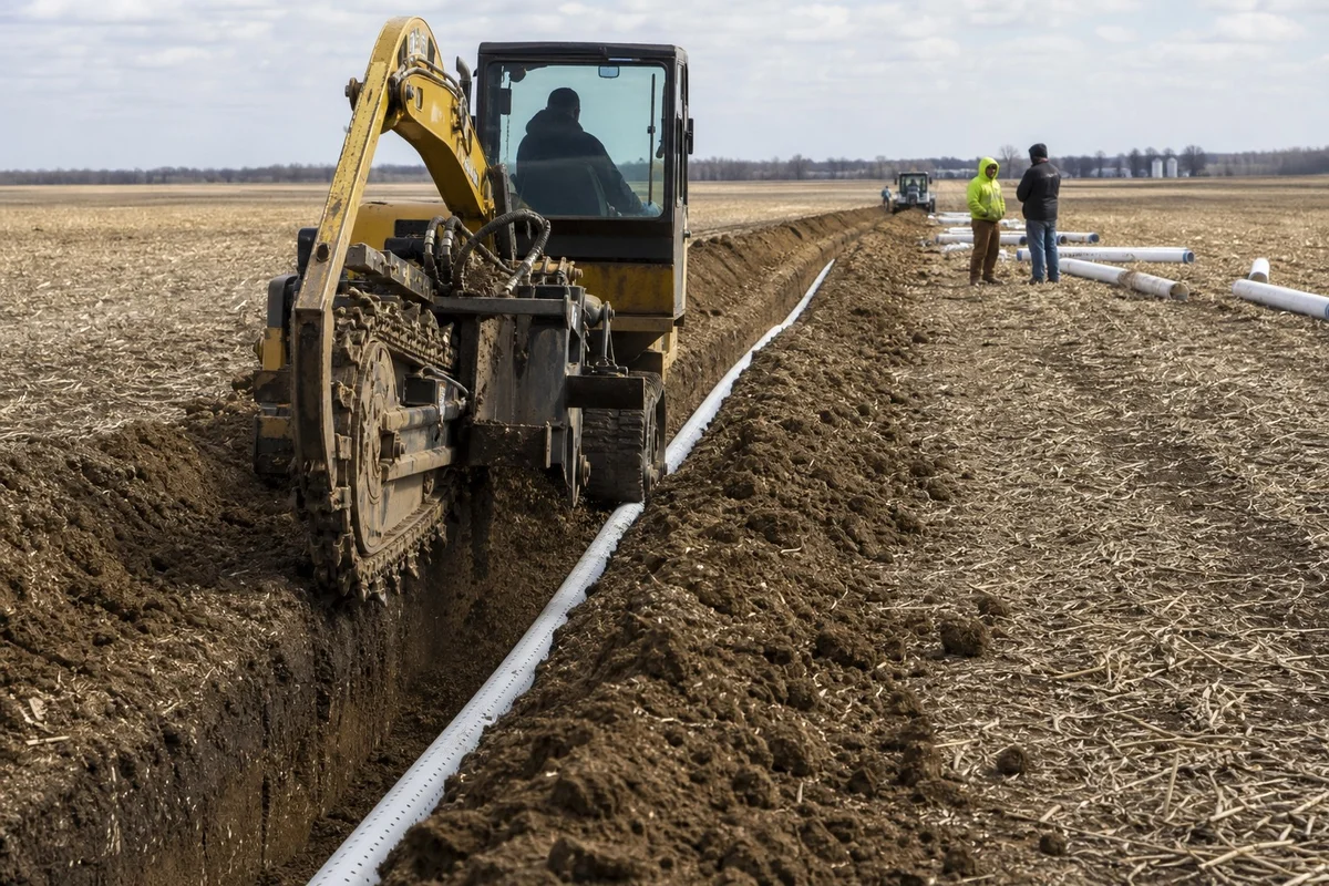 Maquinaria instalando tubería de drenaje subterráneo perforada en campo de cultivo