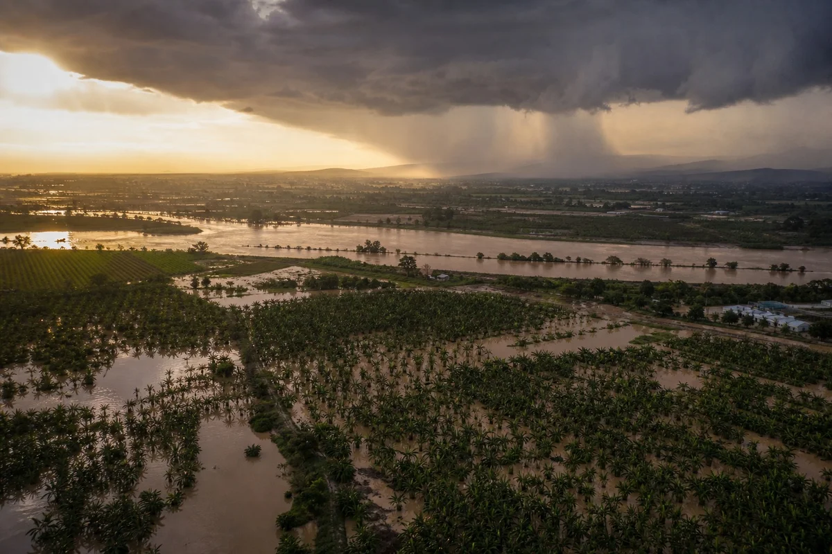 Vista aérea de campos agrícolas inundados en la región Costa de Ecuador durante el Fenómeno de El Niño