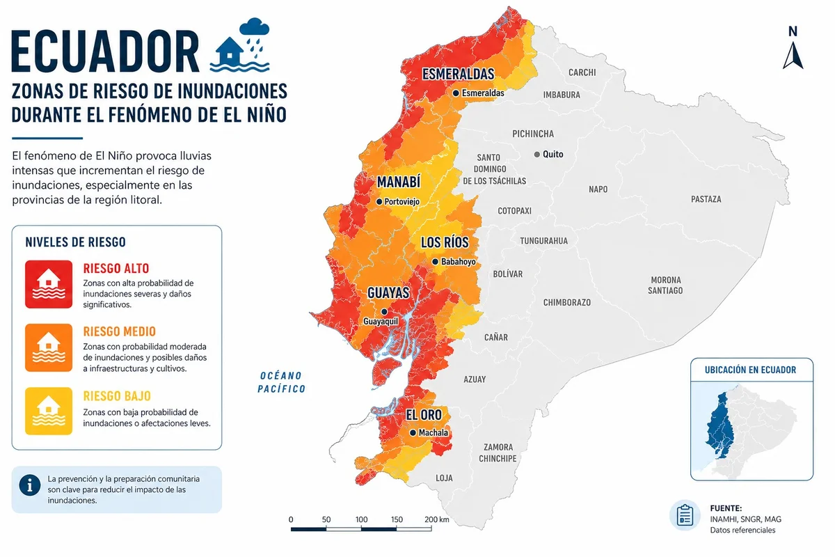 Infografía del mapa de riesgo de inundaciones en las provincias costeras de Ecuador durante el Fenómeno de El Niño