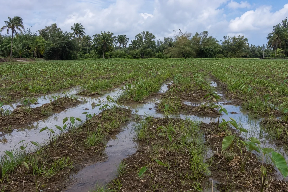 Mala nivelación del terreno agrícola causa encharcamiento Terreno agrícola con zonas bajas encharcadas por mala nivelación